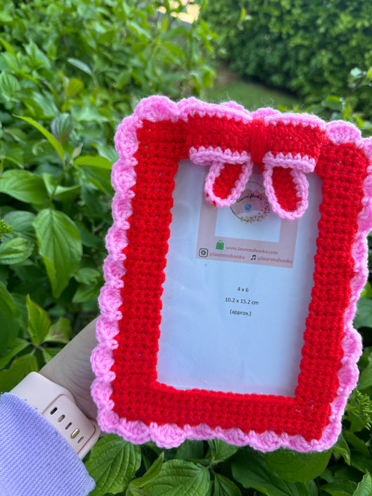 Crochet Red and Pink Bow Photo Frame